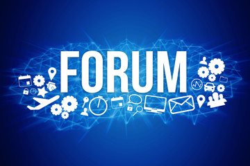 Forum title isolated on a background and surounded by multimedia icons - Internet concept