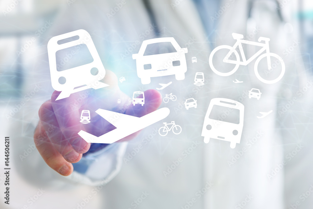 Poster concept of checking different way to go on holidays on a device - travel concept