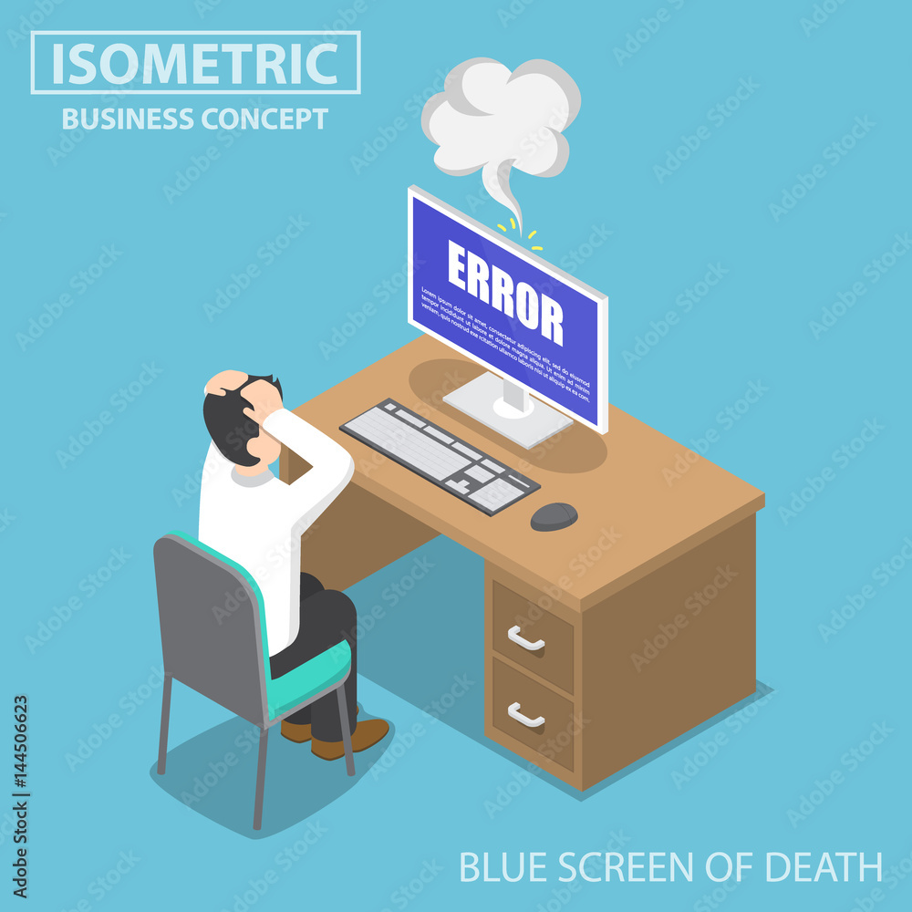 Fototapete isometric businessman having problems when his computer show blue screen error