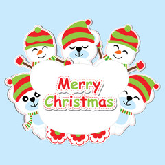 Xmas card with cute bear and snowman vector cartoon on bear head frame, Xmas postcard, wallpaper, and greeting card, vector illustration