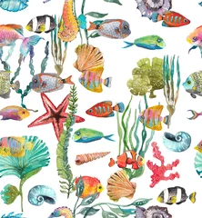 Keuken foto achterwand Zeedieren Aquarel Sea Life, zeewier, schelp, vis, zeepaardje, mooi naadloos patroon