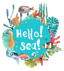 Watercolor Sea Life, Seaweed, Shell, fish, sea horse, beautiful background