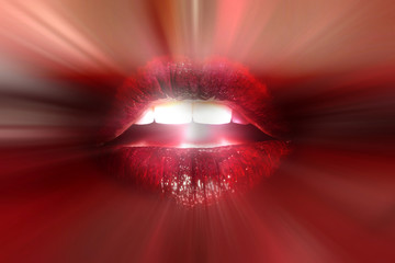 Lips luxury background. Female lips with dark red lipstick, blurred shine. White teeth, radiance of...