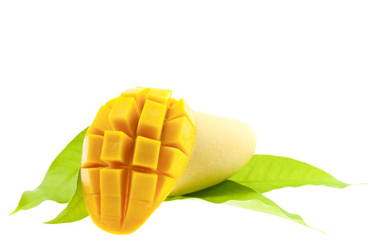 Fresh mango with leaves isolated on white background.