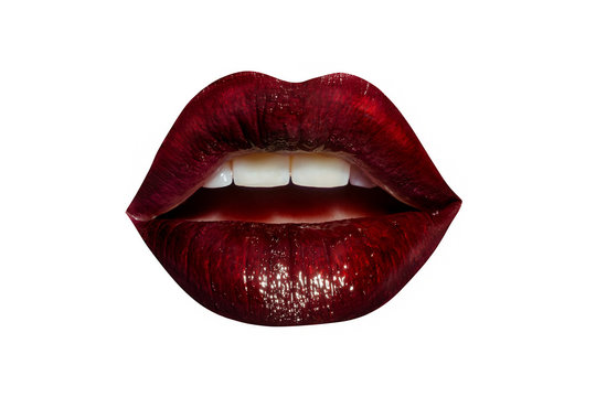 Lips with burgundy lipstick isolated on white background. Female sensual mouth. Sexy teeth, tongue and fashionable lipstick. Silhouette of lips, beauty concept. Luxury dark red lip gloss