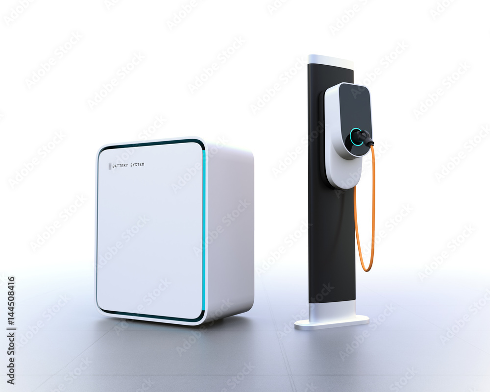 Poster electric vehicle charging station and battery on gradient background. 3d rendering image.