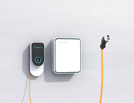 Home EV Charging Station And Battery On The Wall. Power Supply For Electric Car Charging. 3D Rendering Image.