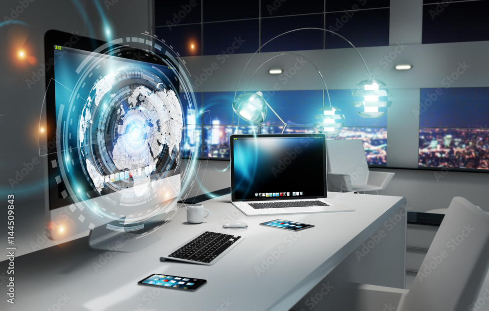 Poster Workplace with modern devices and hologram screens 3D rendering