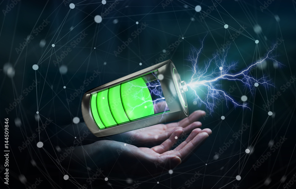 Aufkleber man holding 3d render battery with lightning in his hand