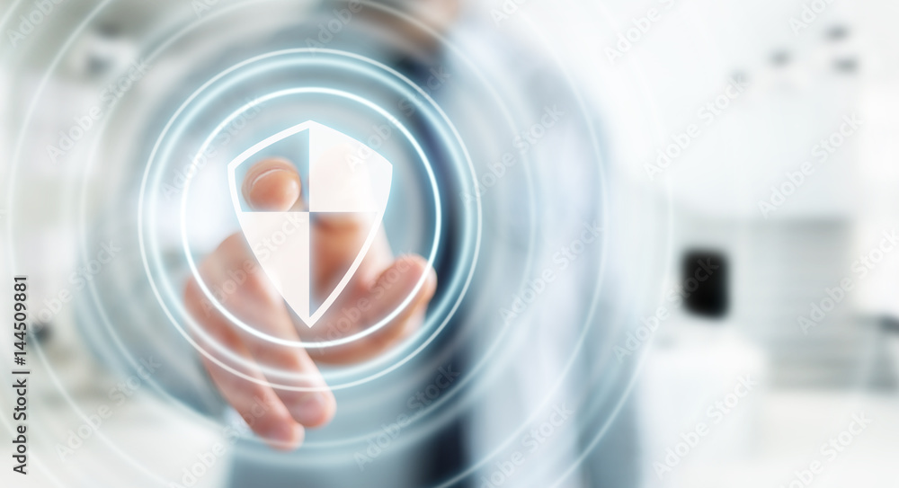 Poster businessman using shield safe protection to protect his datas 3d rendering