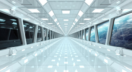 Spaceship corridor with view on the planet Earth 3D rendering elements of this image furnished by NASA