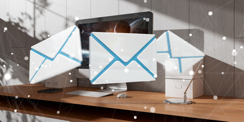 White and blue email flying over desktop 3D rendering