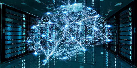 Abstract network on server room data center 3D rendering