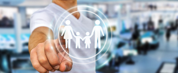 Businessman touching family interface with his finger 3D rendering