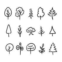 Big set of hand-drawn modern icons of trees and plants