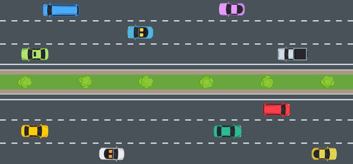 Cars on road, top view. Modern highway with with green spaces and various cars.