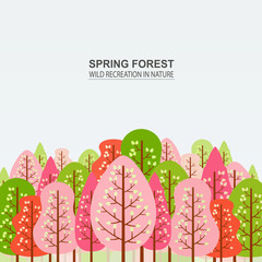 Spring forest with pink, red and green trees. Camping
