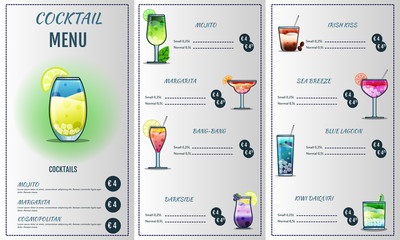 Cocktail menu design template.Cocktail list cover illustration. Vector graphic. Drinks menu.