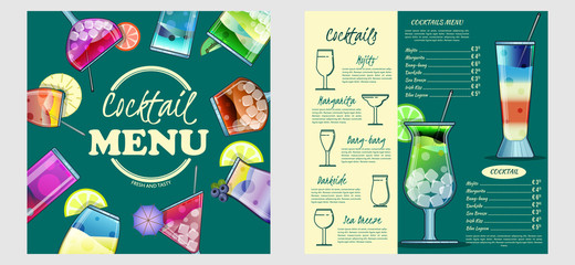 Cocktail menu design template.Cocktail list cover illustration. Vector graphic. Drinks menu.