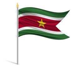 The national flag of Suriname on a pole. The wavy fabric. The sign and symbol of the country. Realistic vector.