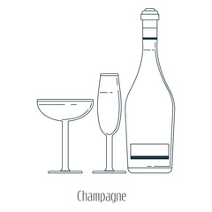 Vector illustration of  alcoholic drinks in bottles and wine glasses on a white background. Line art.