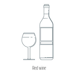 Vector illustration of  alcoholic drinks in bottles and wine glasses on a white background. Line art.