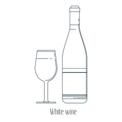 Vector illustration of  alcoholic drinks in bottles and wine glasses on a white background. Line art.