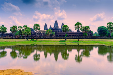 Angkor Wat with reflection on water at morning, Cambodia