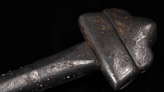 Original ancient Viking sword from 11th century. Hilt with exceptional silver engravings.