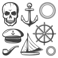 Sea set. Marine elements. Nautical. Steering wheel. Skull. The sea anchor. Vector illustration