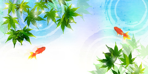 Naklejka premium 金魚 もみじ 暑中見舞い 背景