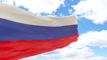 Fototapeta na wymiar Waving flag of Russia on the blue cloudy sky.