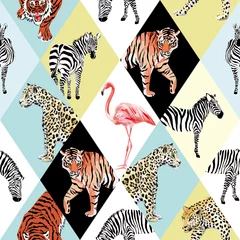 Papier peint Animaux afrique Patchwork animaux tropicaux et oiseau fond multicolore