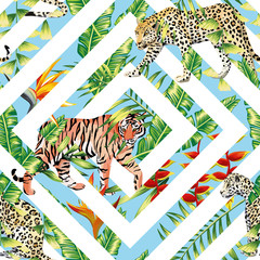 tiger leopard seamless tropical leaves geometrical background - 144517479