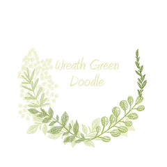 Greenery doodle hand drawn floral wreath vector, greeting, invitation or wedding card template. Green spring herb border