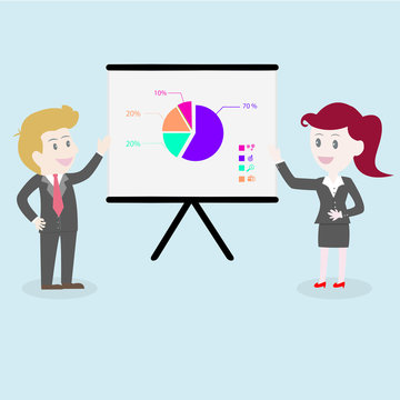 Businessman and businesswomen present chart board.Vector illustration business cartoon concept.
