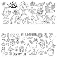 Cute vector garden with birds, cactus, plants, fruits, berries, gardening tools, rubberboots Garden market pattern in doodle style for coloring pages, coloring books