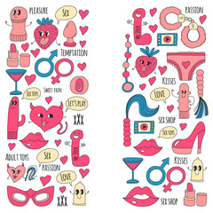 Doodle humorous vector sextoys for sex shop, internet shop Dildo, sex. love, passion, temptation, video, porn, humorous sex shop toys