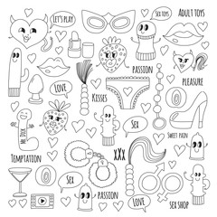 Doodle humorous vector sextoys for sex shop, internet shop Dildo, sex. love, passion, temptation, video, porn, humorous sex shop toys