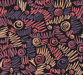Abstract vector seamless pattern. Doodle scribble background in pink, violet, beige and black colors