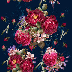 Plakaty  Beautiful pattern in vintage style on a deep blue background with red rose flowers