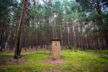 Wooden earth closet in forest, Cassubia region of Poland © Fotokon