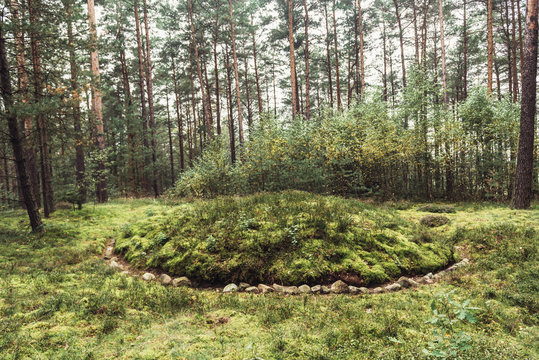 Stone circles on ancient cemetery in Lesno, Cassubia region of Poland