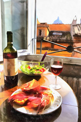 Colorful painting of italian dinner