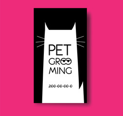 Pet grooming business card design template with cat silhouette. 