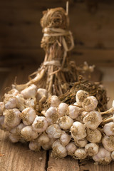 Garlic on the wooden background, Close up garlic on wooden table, Raw garlic in kitchen rooms