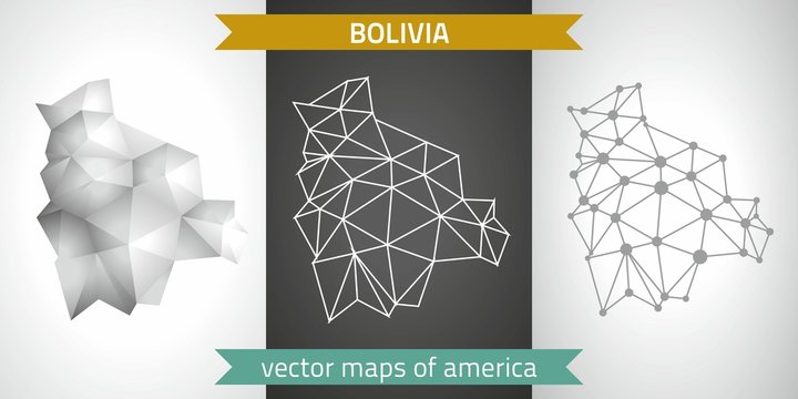 Bolivia set of grey and silver mosaic 3d polygonal maps. Graphic vector triangle geometry outline shadow perspective maps