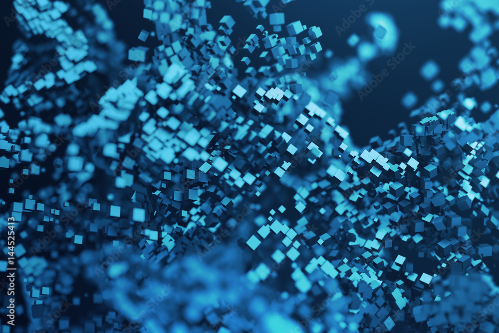 Poster abstract 3d rendering of chaotic particles. flying cubes in empty space. dynamic shape. futuristic b