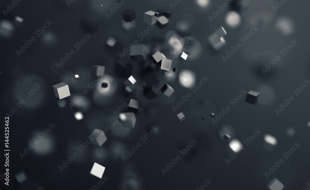 Poster abstract 3d rendering of chaotic cubes. flying shapes in empty space. dynamic background with bokeh,