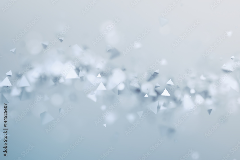 Poster abstract 3d rendering of chaotic low poly shapes. flying polygonal pyramids in empty space. futurist